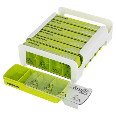 Sie sehen eine Packung APOfit Wochendispenser 7 Dosierer Planer grün, Produktbild: 02 APOfit Wochendispenser 7 Dosierer Planer grün, A-Nr.: 6103391 - 02