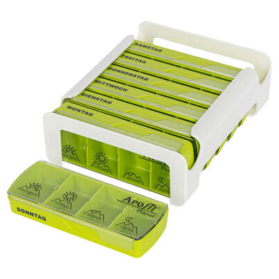 Sie sehen eine Packung APOfit Wochendispenser 7 Dosierer Planer grün, Produktbild: 04 APOfit Wochendispenser 7 Dosierer Planer grün, A-Nr.: 6103391 - 04