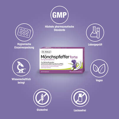 Sie sehen eine Packung Dr. Böhm® Mönchspfeffer forte 20 mg, Produktbild: 04 Dr. Böhm® Mönchspfeffer forte 20 mg, A-Nr.: 5530079 - 04
