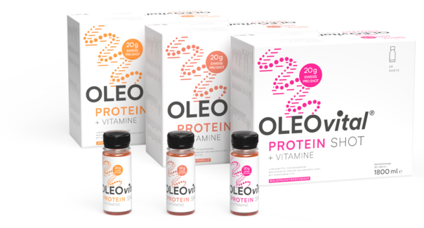 Sie sehen eine Packung OLEOvital PROTEIN SHOT - Eiweißreicher Shot mit Vitaminen, Produktbild: 01 OLEOvital PROTEIN SHOT - Eiweißreicher Shot mit Vitaminen, A-Nr.: 5947098 - 01
