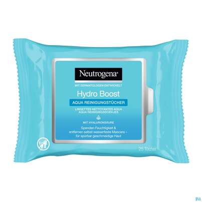 Sie sehen eine Packung Neutrogena Hydro Boost Aqua Reinigungstuecher 25st, Produktbild: 01 Neutrogena Hydro Boost Aqua Reinigungstuecher 25st, A-Nr.: 4790163 - 01