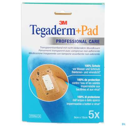 Sie sehen eine Packung Tegaderm +pad 9x15cm 3589np 5st, Produktbild: 01 Tegaderm +pad 9x15cm 3589np 5st, A-Nr.: 2022520 - 01