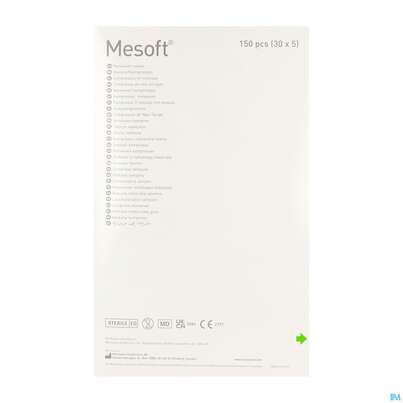 Sie sehen eine Packung Vlieskompressen Mesoft/set Steril 10x 10cm 30x5 150st, Produktbild: 05 Vlieskompressen Mesoft/set Steril 10x 10cm 30x5 150st, A-Nr.: 1652348 - 05