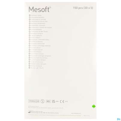Sie sehen eine Packung Vlieskompressen Mesoft/set Steril 10x 10cm 30x5 150st, Produktbild: 06 Vlieskompressen Mesoft/set Steril 10x 10cm 30x5 150st, A-Nr.: 1652348 - 06