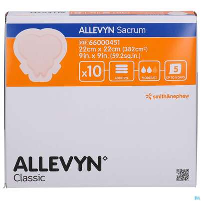 Sie sehen eine Packung Wundverband Allevyn/sacrum 22x 22cm 10st, Produktbild: 01 Wundverband Allevyn/sacrum 22x 22cm 10st, A-Nr.: 2203730 - 01
