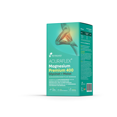 Sie sehen eine Packung ACURAFLEX® Magnesium Premium 400 Glycinat + Malat – 100 Kapseln, Produktbild: 02 ACURAFLEX® Magnesium Premium 400 Glycinat + Malat – 100 Kapseln, A-Nr.: 6130761 - 02