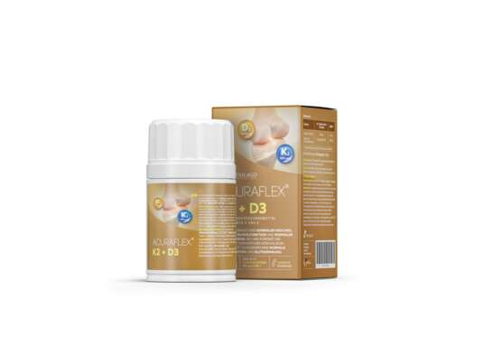 Sie sehen eine Packung ACURAFLEX® K2 + D3 60 Kapseln – 2.000 I.E. Vitamin D3 + 100 μg Vitamin K2 (MK-7), Produktbild: 02 ACURAFLEX® K2 + D3 60 Kapseln – 2.000 I.E. Vitamin D3 + 100 μg Vitamin K2 (MK-7), A-Nr.: 6130749 - 02