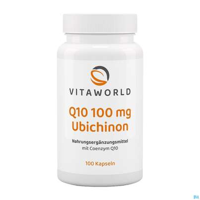 Sie sehen eine Packung Coenzym Q10 Kapseln 100mg Vegan Ubichinon Vita World 100st, Produktbild: 04 Coenzym Q10 Kapseln 100mg Vegan Ubichinon Vita World 100st, A-Nr.: 4836362 - 04