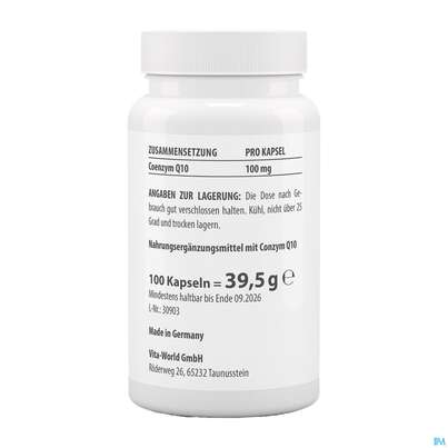 Sie sehen eine Packung Coenzym Q10 Kapseln 100mg Vegan Ubichinon Vita World 100st, Produktbild: 06 Coenzym Q10 Kapseln 100mg Vegan Ubichinon Vita World 100st, A-Nr.: 4836362 - 06