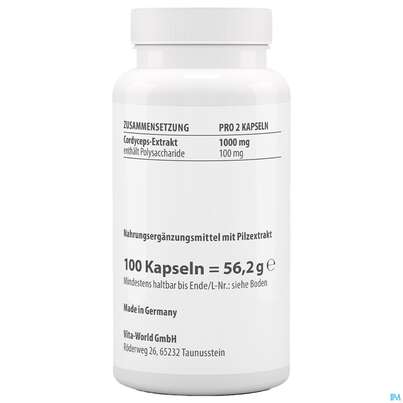 Sie sehen eine Packung Cordyceps Sinensis-extrakt Kapseln Vegetarisch 500mg Vita World 100st, Produktbild: 03 Cordyceps Sinensis-extrakt Kapseln Vegetarisch 500mg Vita World 100st, A-Nr.: 4836439 - 03