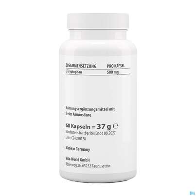 Sie sehen eine Packung L-tryptophan Kapseln 500mg -naturheilp. 60st, Produktbild: 04 L-tryptophan Kapseln 500mg -naturheilp. 60st, A-Nr.: 4846596 - 04