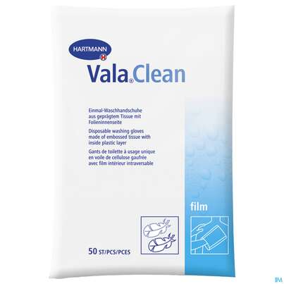Sie sehen eine Packung Waschhandschuhe Valaclean Film 50st, Produktbild: 04 Waschhandschuhe Valaclean Film 50st, A-Nr.: 1369687 - 04