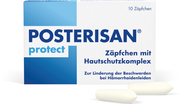 Sie sehen eine Packung Posterisan® protect Supp 10 Stk., Produktbild: 01 Posterisan® protect Supp 10 Stk., A-Nr.: 6124080 - 01