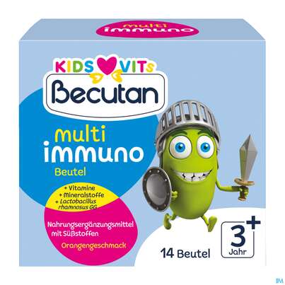 Sie sehen eine Packung Becutan Kids Vits Multiimmuno Sachets 14st, Produktbild: 01 Becutan Kids Vits Multiimmuno Sachets 14st, A-Nr.: 5973233 - 01