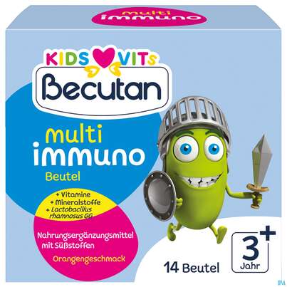 Sie sehen eine Packung Becutan Kids Vits Multiimmuno Sachets 14st, Produktbild: 02 Becutan Kids Vits Multiimmuno Sachets 14st, A-Nr.: 5973233 - 02