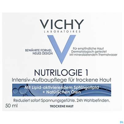 Sie sehen eine Packung Vichy Nutrilogie 1 Aufbaucreme Trockene Haut Dp 100ml, Produktbild: 01 Vichy Nutrilogie 1 Aufbaucreme Trockene Haut Dp 100ml, A-Nr.: 4379611 - 01