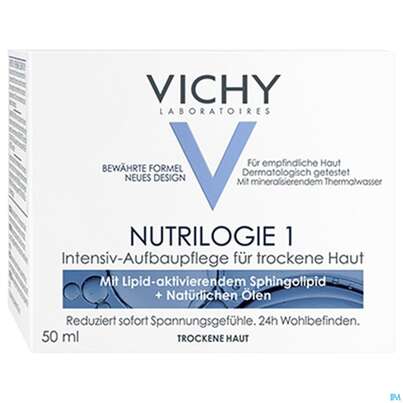 Sie sehen eine Packung Vichy Nutrilogie 1 Aufbaucreme Trockene Haut Dp 100ml, Produktbild: 02 Vichy Nutrilogie 1 Aufbaucreme Trockene Haut Dp 100ml, A-Nr.: 4379611 - 02
