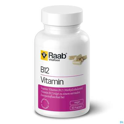 Sie sehen eine Packung Vitamin B12 Kapseln Raab 90st, Produktbild: 01 Vitamin B12 Kapseln Raab 90st, A-Nr.: 5871805 - 01