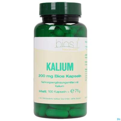 Sie sehen eine Packung Bios Kalium 200mg 100 Kapseln, Produktbild: 01 Bios Kalium 200mg 100 Kapseln, A-Nr.: 3891726 - 01