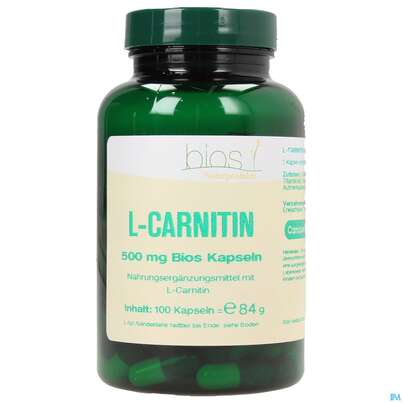 Sie sehen eine Packung Bios l-carnitin 500mg 100 Kapseln, Produktbild: 01 Bios l-carnitin 500mg 100 Kapseln, A-Nr.: 3892022 - 01
