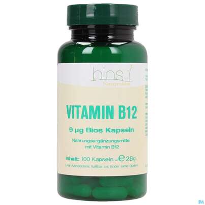 Sie sehen eine Packung Bios Vitamin B12 9µg 100 Kapseln, Produktbild: 01 Bios Vitamin B12 9µg 100 Kapseln, A-Nr.: 3893464 - 01