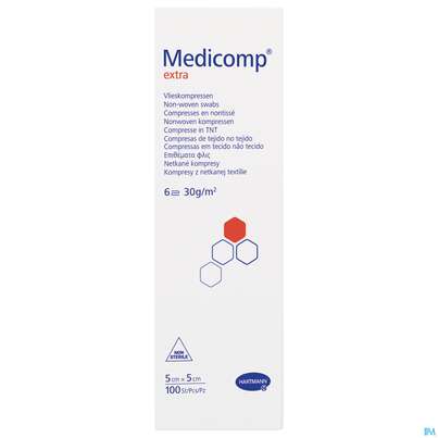 Sie sehen eine Packung Kompressen Medicomp/extra Vliesstoff 6fach Unsteril 5x 5cm 100st, Produktbild: 01 Kompressen Medicomp/extra Vliesstoff 6fach Unsteril 5x 5cm 100st, A-Nr.: 1652087 - 01