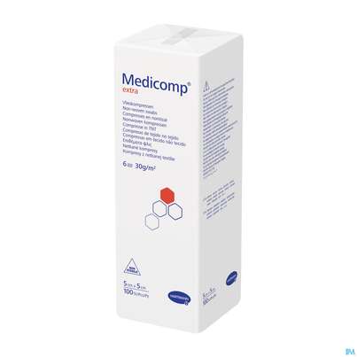 Sie sehen eine Packung Kompressen Medicomp/extra Vliesstoff 6fach Unsteril 5x 5cm 100st, Produktbild: 02 Kompressen Medicomp/extra Vliesstoff 6fach Unsteril 5x 5cm 100st, A-Nr.: 1652087 - 02