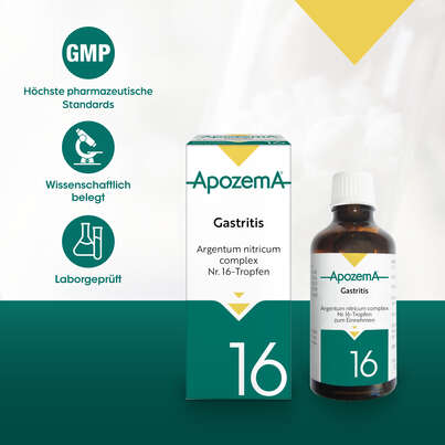 Sie sehen eine Packung Apozema® Nr. 16 Gastritis-Tropfen, Produktbild: 04 Apozema® Nr. 16 Gastritis-Tropfen, A-Nr.: 0988000 - 04
