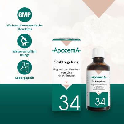 Sie sehen eine Packung Apozema® Nr. 34 Stuhlregelungs-Tropfen, Produktbild: 04 Apozema® Nr. 34 Stuhlregelungs-Tropfen, A-Nr.: 0987785 - 04