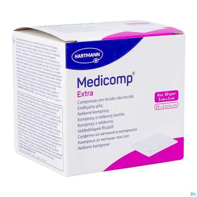Sie sehen eine Packung Kompressen Medicomp/extra Vliesstoff 6fach Steril 5x 5cm 25x2 50st, Produktbild: 06 Kompressen Medicomp/extra Vliesstoff 6fach Steril 5x 5cm 25x2 50st, A-Nr.: 1652064 - 06