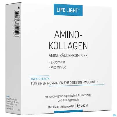 Sie sehen eine Packung Life Light Ampullen Amino Kollagen +l-carnitin 10st, Produktbild: 04 Life Light Ampullen Amino Kollagen +l-carnitin 10st, A-Nr.: 3945540 - 04