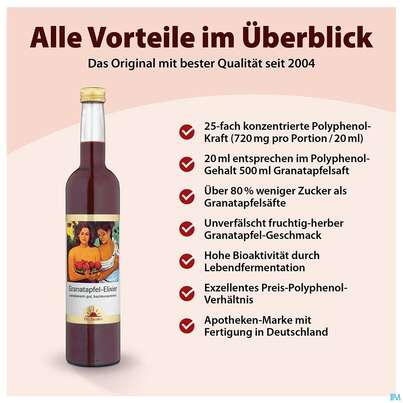 Sie sehen eine Packung Granatapfel Elixier Dr.jacobs 500ml, Produktbild: 05 Granatapfel Elixier Dr.jacobs 500ml, A-Nr.: 3042097 - 05