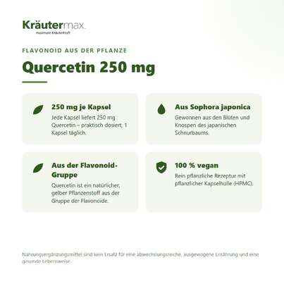 Sie sehen eine Packung Quercetin Kapseln 250 mg 90 Stück, Produktbild: 02 Quercetin Kapseln 250 mg 90 Stück, A-Nr.: 4997013 - 02