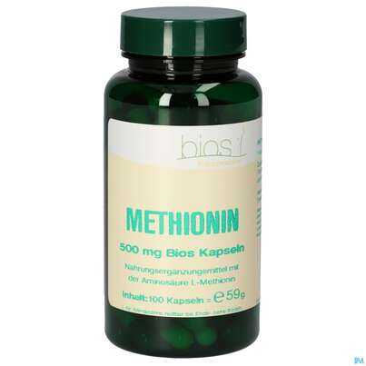 Sie sehen eine Packung Bios Methionin 500mg 100 Kapseln, Produktbild: 01 Bios Methionin 500mg 100 Kapseln, A-Nr.: 4247335 - 01