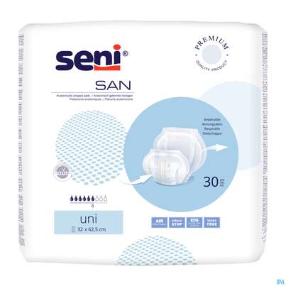 Sie sehen eine Packung Inkontinenz Einlagen Seni San Uni 30st, Produktbild: 01 Inkontinenz Einlagen Seni San Uni 30st, A-Nr.: 3586621 - 01