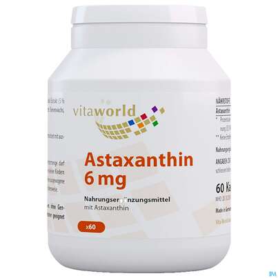 Sie sehen eine Packung Astaxanthin Kapseln/vegetarisch 6mg Vita World 60st, Produktbild: 01 Astaxanthin Kapseln/vegetarisch 6mg Vita World 60st, A-Nr.: 4836095 - 01
