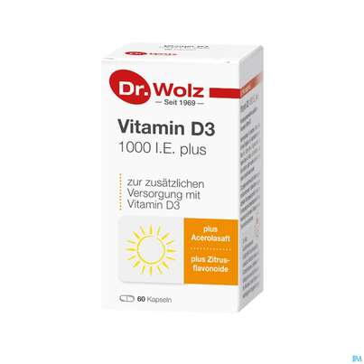 Sie sehen eine Packung Vitamin D3 Kapseln 1000ie Plus -dr.wolz Nr 60 60st, Produktbild: 03 Vitamin D3 Kapseln 1000ie Plus -dr.wolz Nr 60 60st, A-Nr.: 3839335 - 03