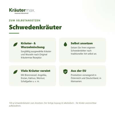 Sie sehen eine Packung Schwedenkräuter zum Ansetzen von Schwedenbitter 100 g, Produktbild: 02 Schwedenkräuter zum Ansetzen von Schwedenbitter 100 g, A-Nr.: 3029636 - 02