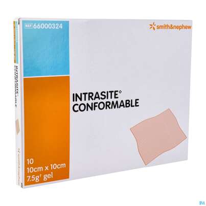 Sie sehen eine Packung Wundauflagen Intrasite Conformable Vlies +gel 10x 10cm 10st, Produktbild: 02 Wundauflagen Intrasite Conformable Vlies +gel 10x 10cm 10st, A-Nr.: 2705437 - 02