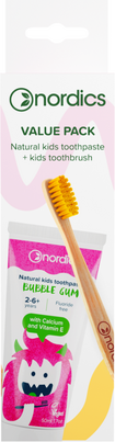 Nordics Zahnpasta Kids Bubble Gum + Öko Zahnbürste Kids Bambus Gelb, A-Nr.: 5666896 - 01