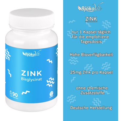 Sie sehen eine Packung BjökoVit Zink Bisglycinat 25mg Kapseln vegan, Produktbild: 07 BjökoVit Zink Bisglycinat 25mg Kapseln vegan, A-Nr.: 5174638 - 07