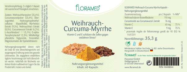 Sie sehen eine Packung Floramed Weihrauch-Curcuma-Myrrhe, Produktbild: 01 Floramed Weihrauch-Curcuma-Myrrhe, A-Nr.: 4390340 - 01