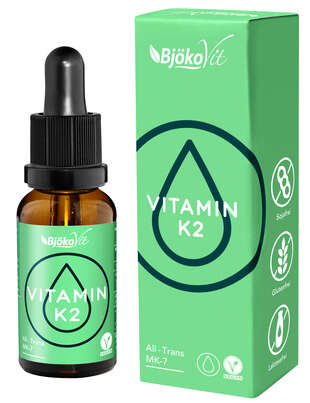 Sie sehen eine Packung BjökoVit Vitamin K2 MK7 all-trans 100mcg Tropfen vegan, Produktbild: 01 BjökoVit Vitamin K2 MK7 all-trans 100mcg Tropfen vegan, A-Nr.: 5174785 - 01