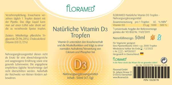 Sie sehen eine Packung Floramed Vitamin D3 Tropfen natürlich, Produktbild: 01 Floramed Vitamin D3 Tropfen natürlich, A-Nr.: 5106720 - 01