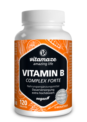 Sie sehen eine Packung Vitamaze Vitamin B Complex extra hochdosiert vegan, Produktbild: 01 Vitamaze Vitamin B Complex extra hochdosiert vegan, A-Nr.: 5179400 - 01
