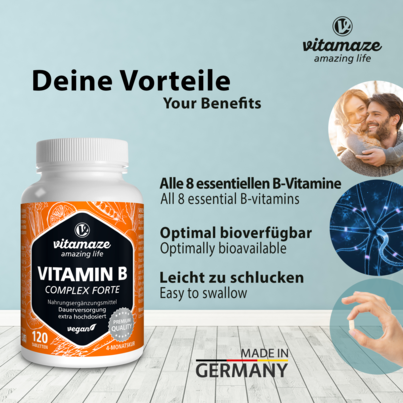 Sie sehen eine Packung Vitamaze Vitamin B Complex extra hochdosiert vegan, Produktbild: 03 Vitamaze Vitamin B Complex extra hochdosiert vegan, A-Nr.: 5179400 - 03