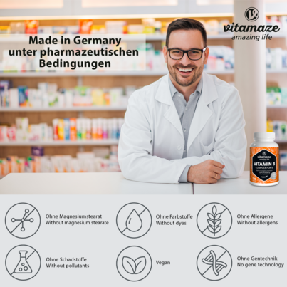 Sie sehen eine Packung Vitamaze Vitamin B Complex extra hochdosiert vegan, Produktbild: 04 Vitamaze Vitamin B Complex extra hochdosiert vegan, A-Nr.: 5179400 - 04