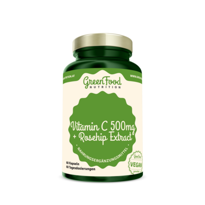 GreenFood Nutrition Vitamin C 500 + Hagebutten-Extrakt 60 Kapseln, A-Nr.: 5634264 - 01