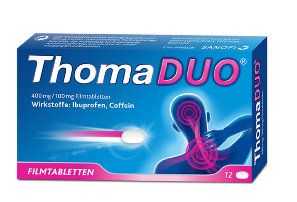 Sie sehen eine Packung ThomaDUO® 400 mg/100 mg Filmtabletten, Produktbild: 01 ThomaDUO® 400 mg/100 mg Filmtabletten, A-Nr.: 4480528 - 01