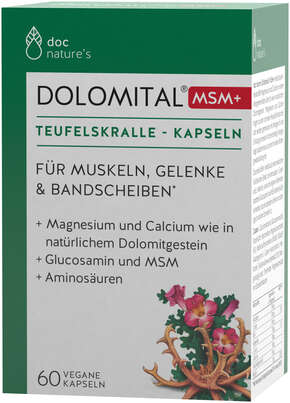 Sie sehen eine Packung doc nature‘s DOLOMITAL® MSM+ TEUFELSKRALLE-KAPSELN, Produktbild: 01 doc nature‘s DOLOMITAL® MSM+ TEUFELSKRALLE-KAPSELN, A-Nr.: 4609778 - 01